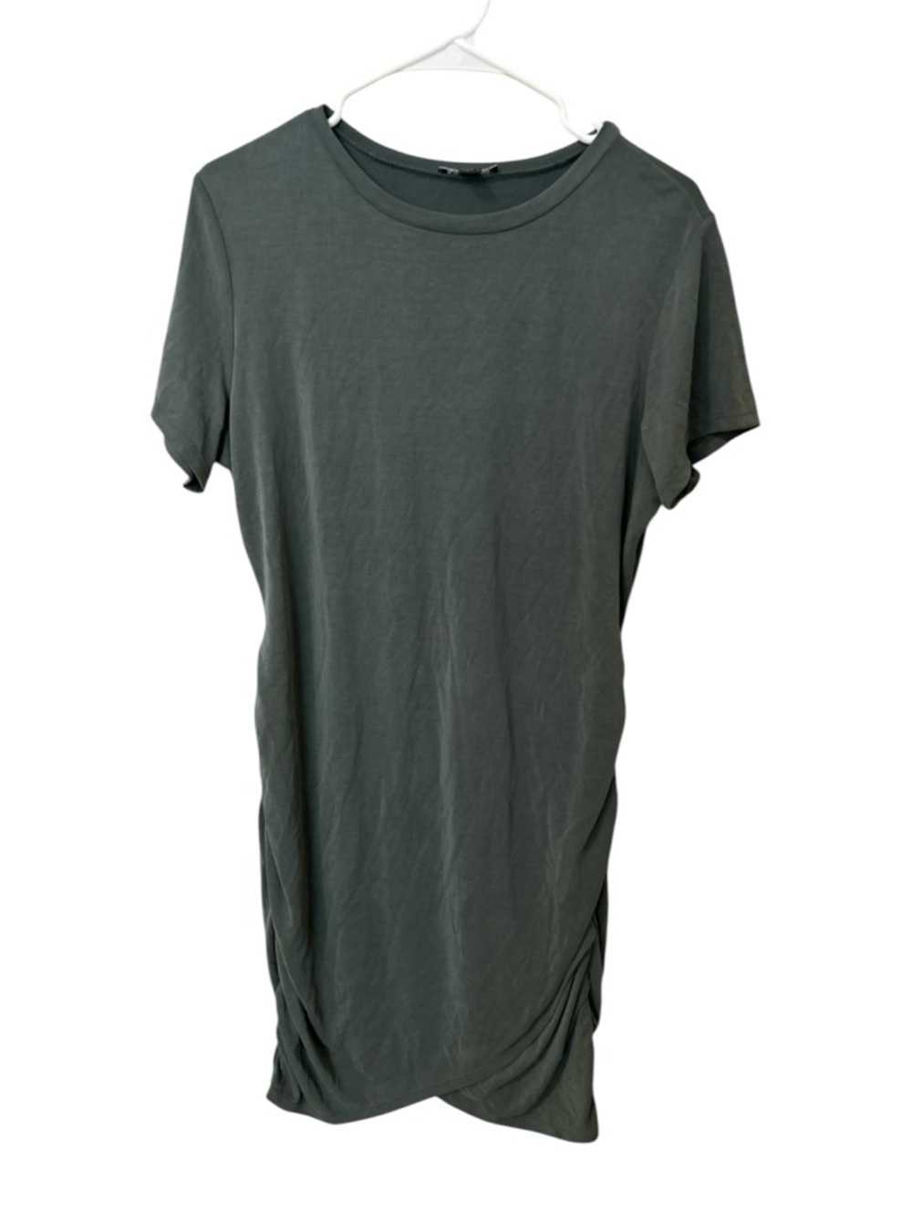 Express Silky Suede Modal T-Shirt Dress Olive Green Ruched Hem Size Large